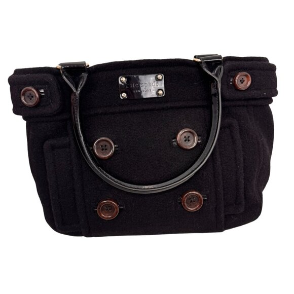 NWT Kate Spade Black Wool Button Tote Bag With Patent Leather Handles & Lined In - Picture 1 of 11